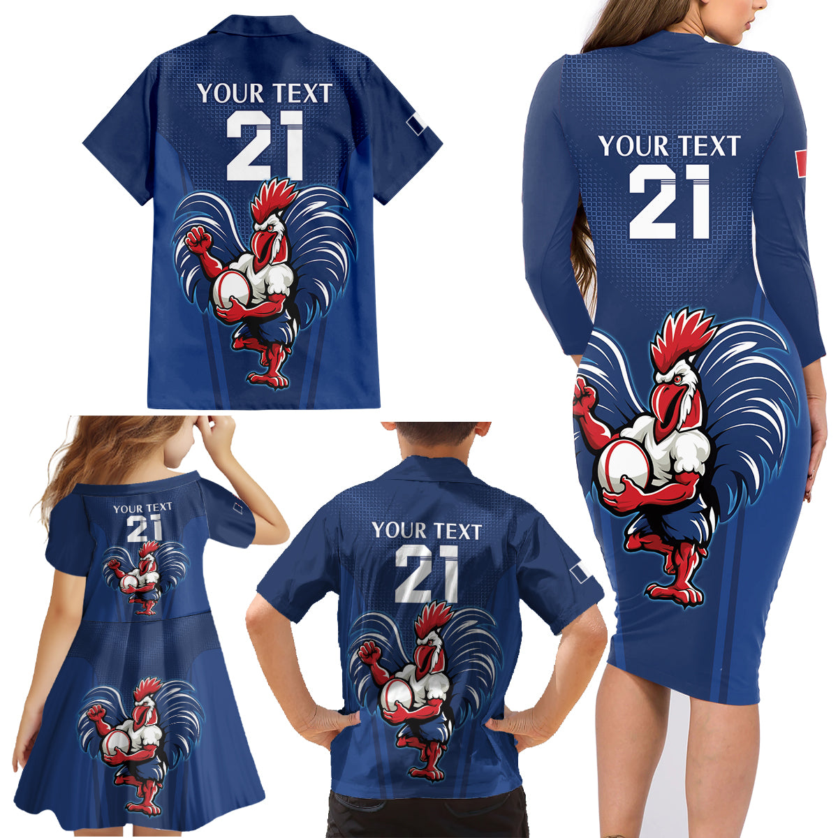 Custom France Rugby Family Matching Long Sleeve Bodycon Dress and Hawaiian Shirt Le XV de France Gallic Rooster LT9 - Wonder Print Shop