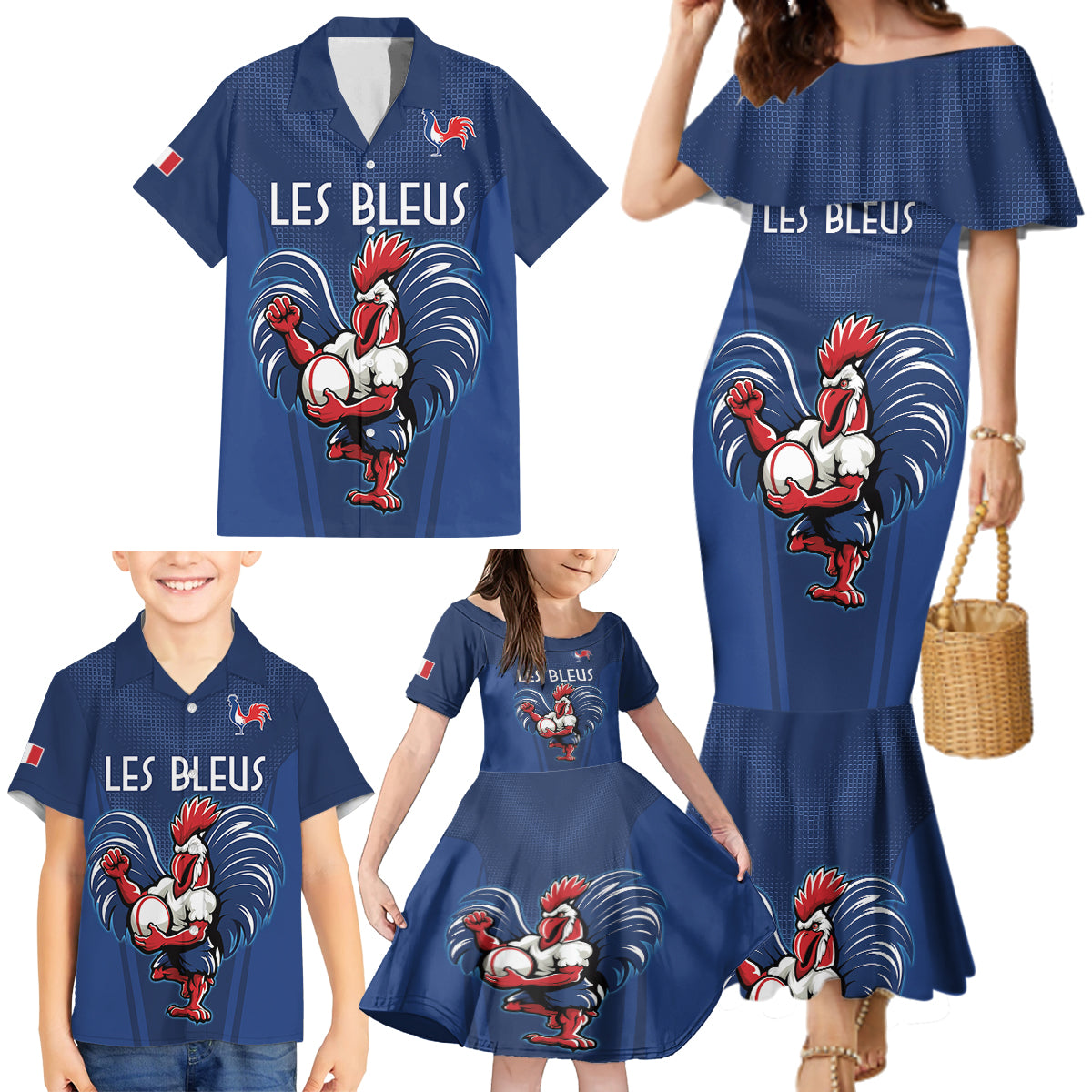Custom France Rugby Family Matching Mermaid Dress and Hawaiian Shirt Le XV de France Gallic Rooster