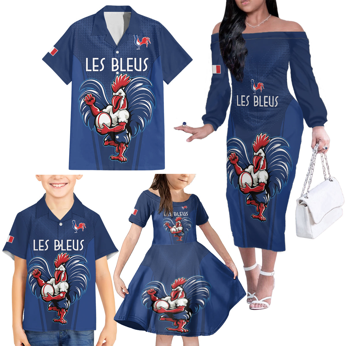 Custom France Rugby Family Matching Off Shoulder Long Sleeve Dress and Hawaiian Shirt Le XV de France Gallic Rooster