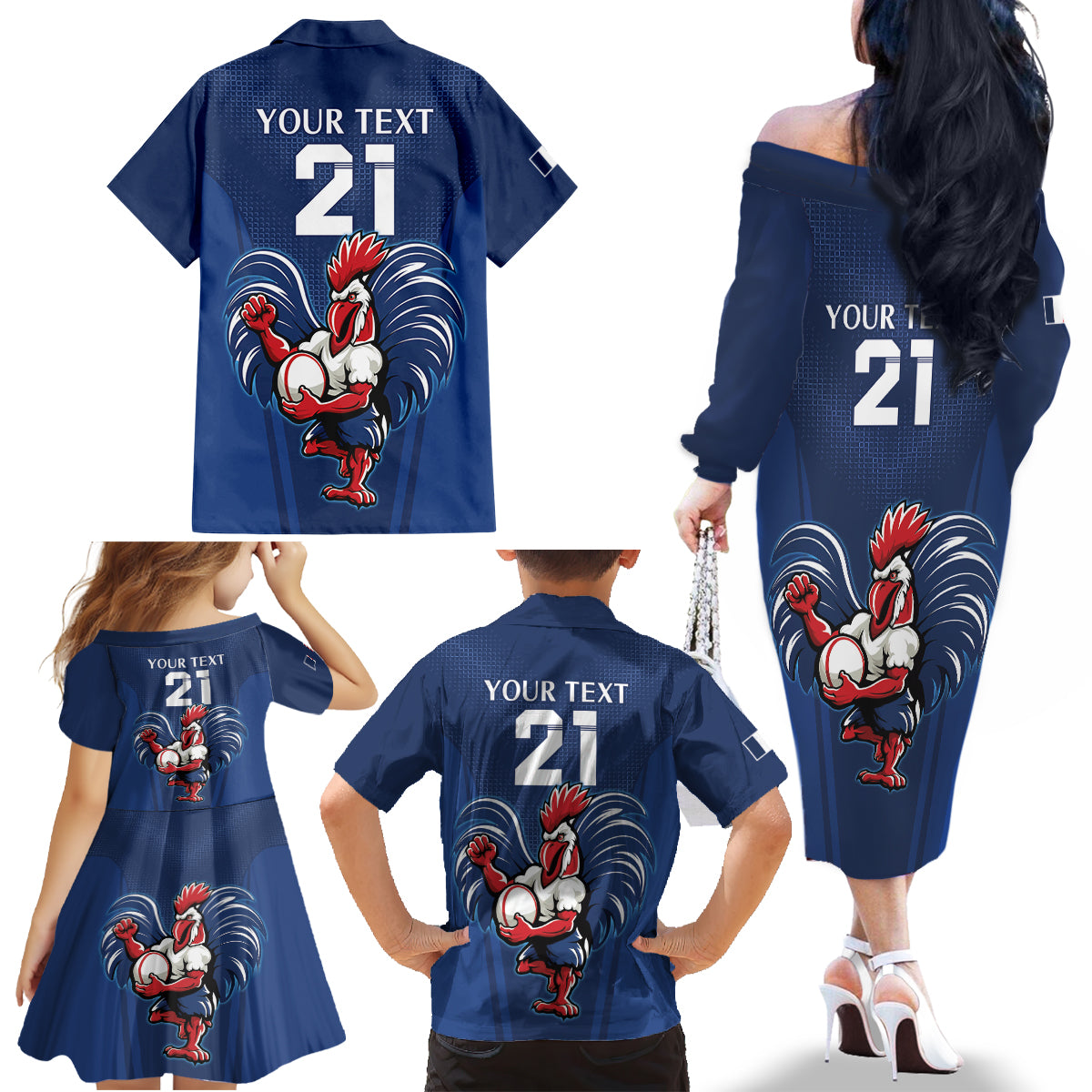 Custom France Rugby Family Matching Off Shoulder Long Sleeve Dress and Hawaiian Shirt Le XV de France Gallic Rooster - Wonder Print Shop