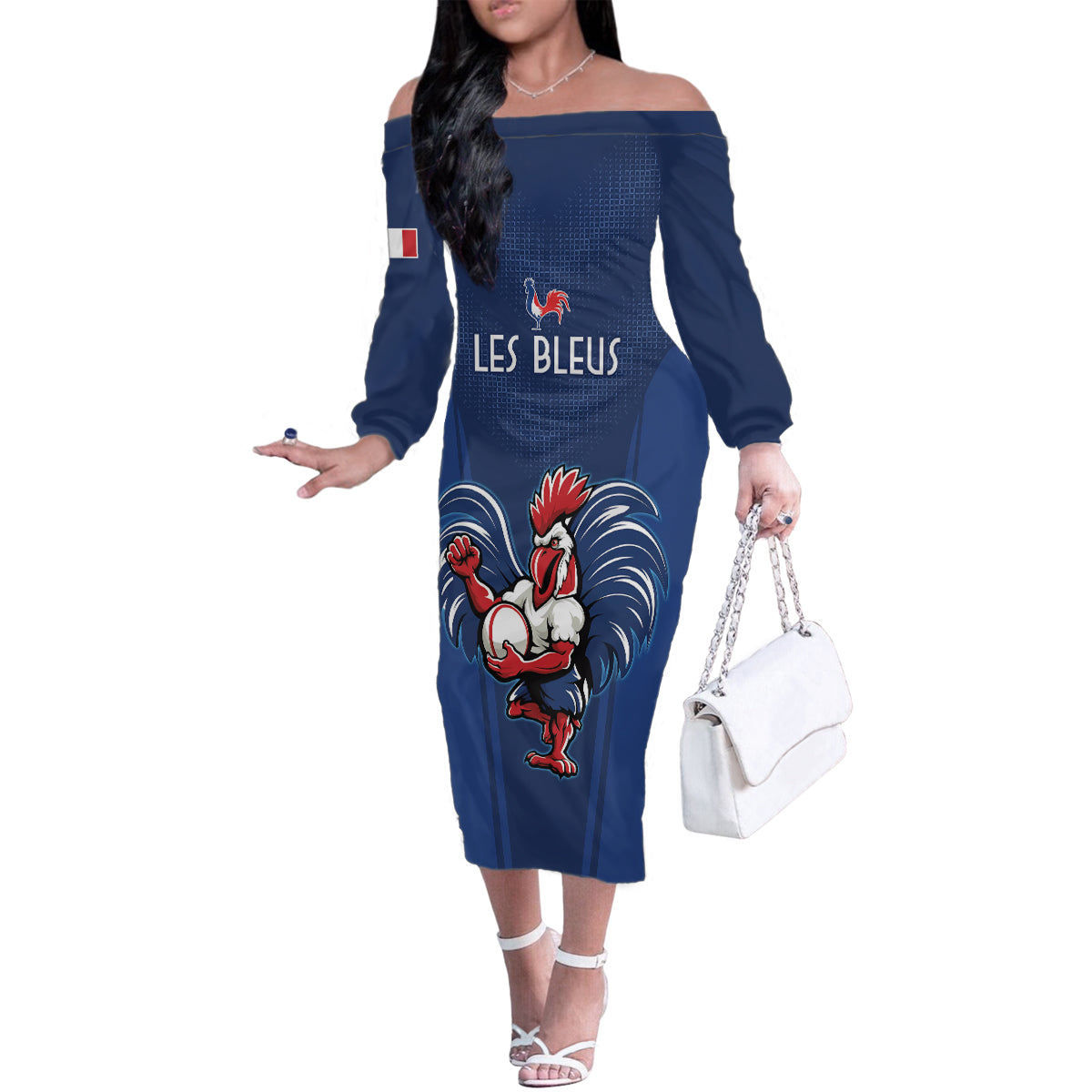 Custom France Rugby Family Matching Off Shoulder Long Sleeve Dress and Hawaiian Shirt Le XV de France Gallic Rooster - Wonder Print Shop