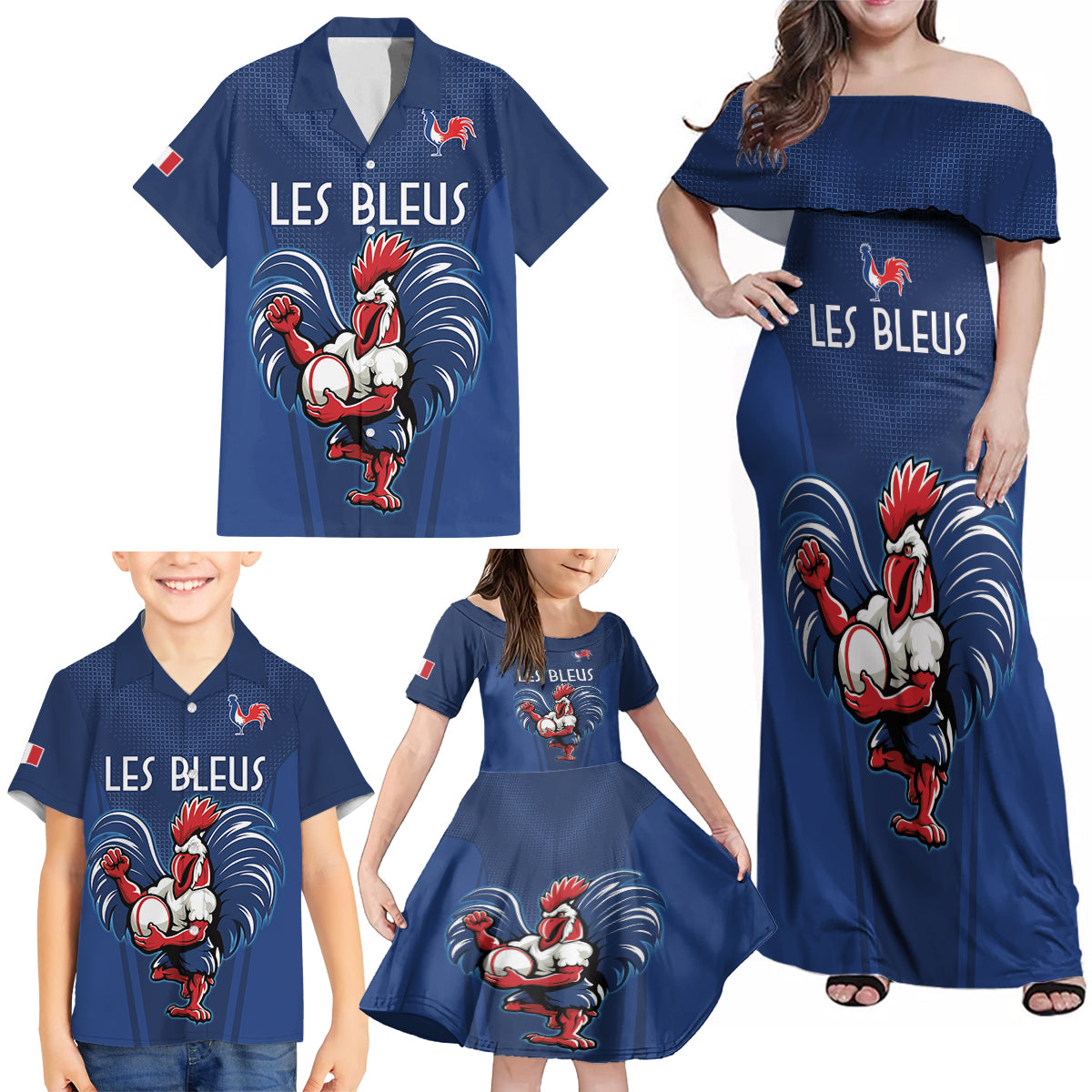 Custom France Rugby Family Matching Off Shoulder Maxi Dress and Hawaiian Shirt Le XV de France Gallic Rooster