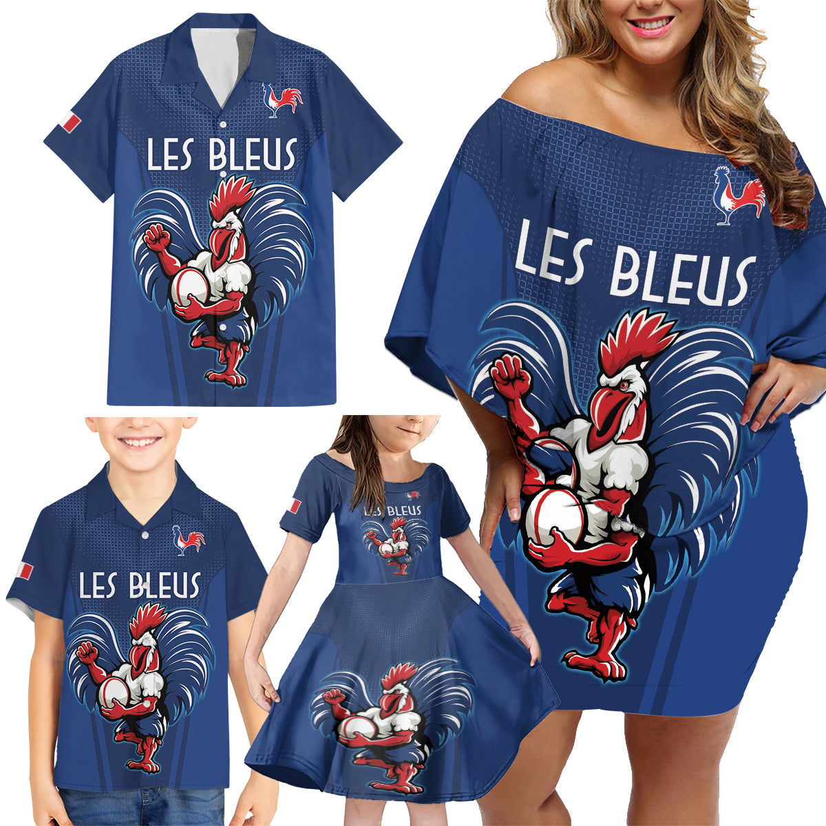 Custom France Rugby Family Matching Off Shoulder Short Dress and Hawaiian Shirt Le XV de France Gallic Rooster