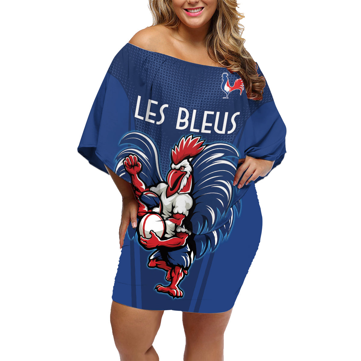 Custom France Rugby Family Matching Off Shoulder Short Dress and Hawaiian Shirt Le XV de France Gallic Rooster LT9 - Wonder Print Shop