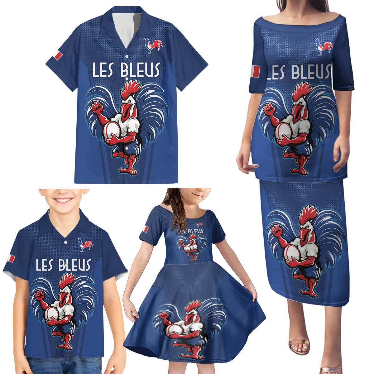 Custom France Rugby Family Matching Puletasi and Hawaiian Shirt Le XV de France Gallic Rooster