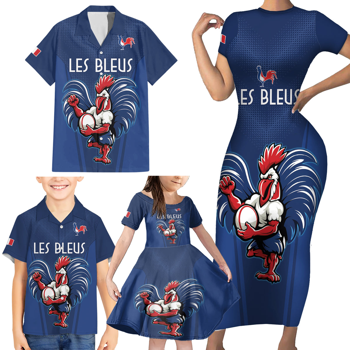 Custom France Rugby Family Matching Short Sleeve Bodycon Dress and Hawaiian Shirt Le XV de France Gallic Rooster - Wonder Print Shop