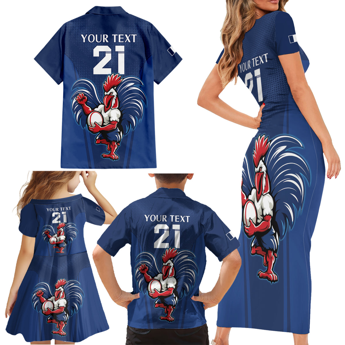 Custom France Rugby Family Matching Short Sleeve Bodycon Dress and Hawaiian Shirt Le XV de France Gallic Rooster - Wonder Print Shop