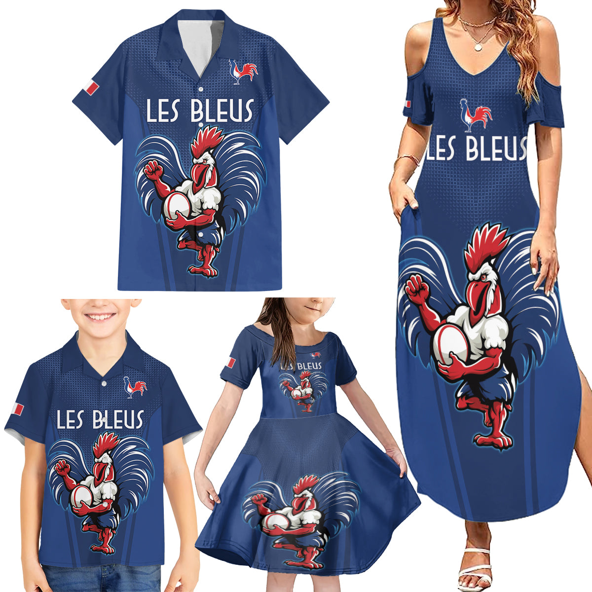 Custom France Rugby Family Matching Summer Maxi Dress and Hawaiian Shirt Le XV de France Gallic Rooster - Wonder Print Shop