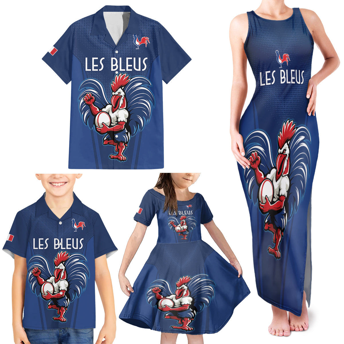 Custom France Rugby Family Matching Tank Maxi Dress and Hawaiian Shirt Le XV de France Gallic Rooster