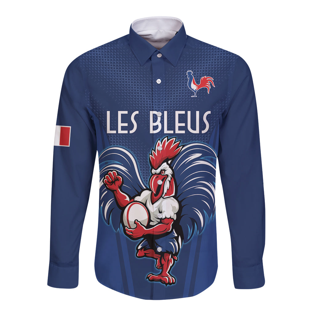 Custom France Rugby Long Sleeve Button Shirt Le XV de France Gallic Rooster - Wonder Print Shop