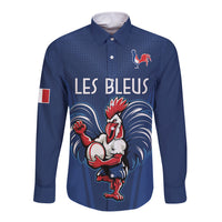 Custom France Rugby Long Sleeve Button Shirt Le XV de France Gallic Rooster - Wonder Print Shop