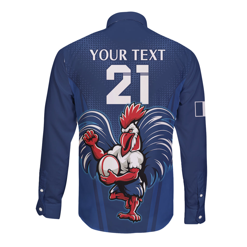 Custom France Rugby Long Sleeve Button Shirt Le XV de France Gallic Rooster - Wonder Print Shop