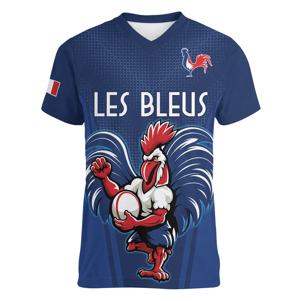 Custom France Rugby Women V Neck T Shirt Le XV de France Gallic Rooster - Wonder Print Shop