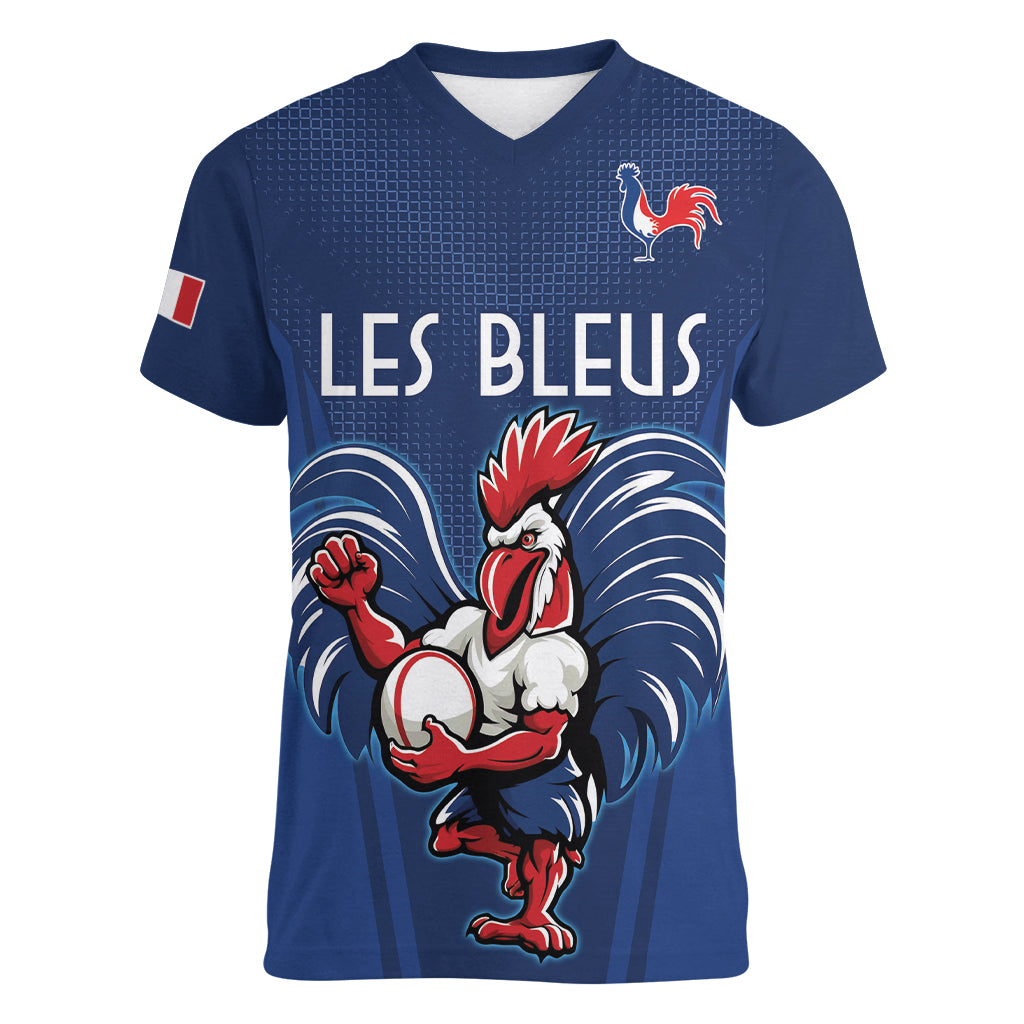 Custom France Rugby Women V Neck T Shirt Le XV de France Gallic Rooster