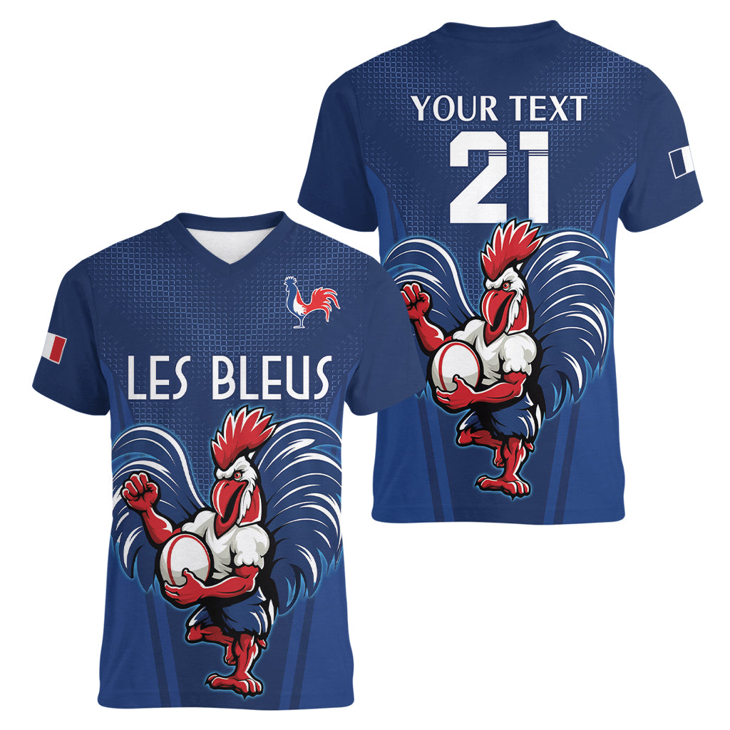 Custom France Rugby Women V Neck T Shirt Le XV de France Gallic Rooster - Wonder Print Shop