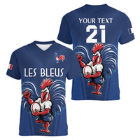 Custom France Rugby Women V Neck T Shirt Le XV de France Gallic Rooster - Wonder Print Shop