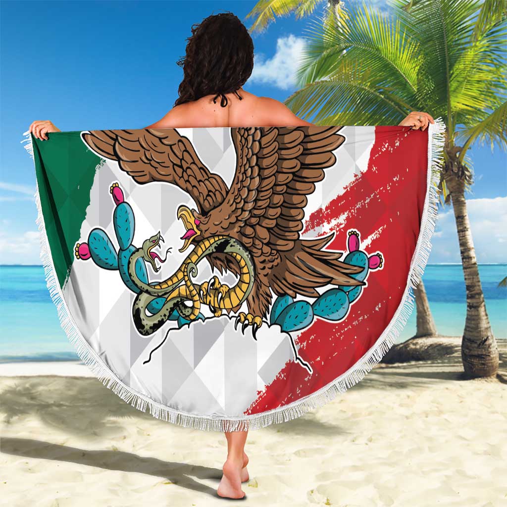 Eagle Devouring Snake Mexican Emblem Personalized Beach Blanket Grunge Flag Style