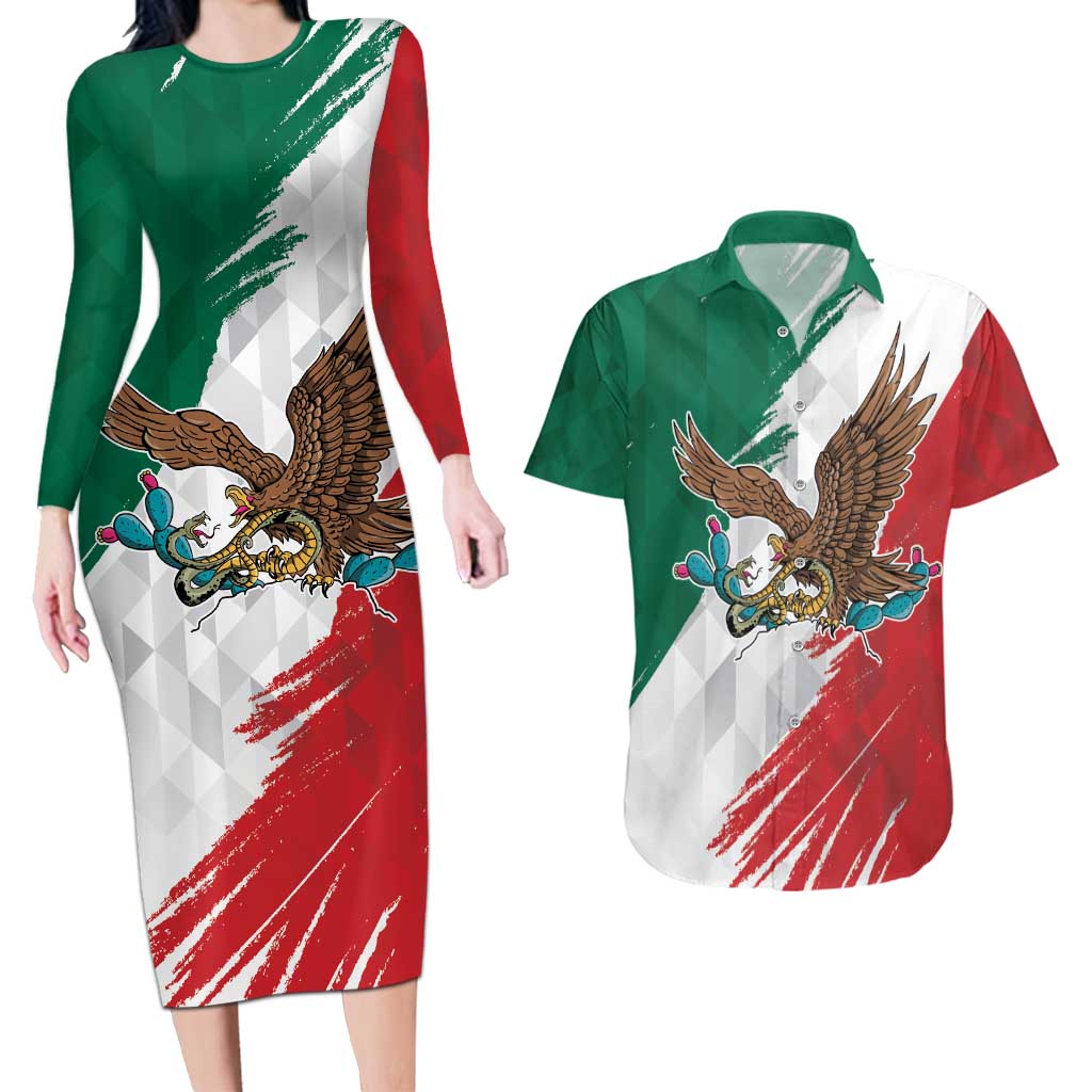 Eagle Devouring Snake Mexican Emblem Personalized Couples Matching Long Sleeve Bodycon Dress and Hawaiian Shirt Grunge Flag Style