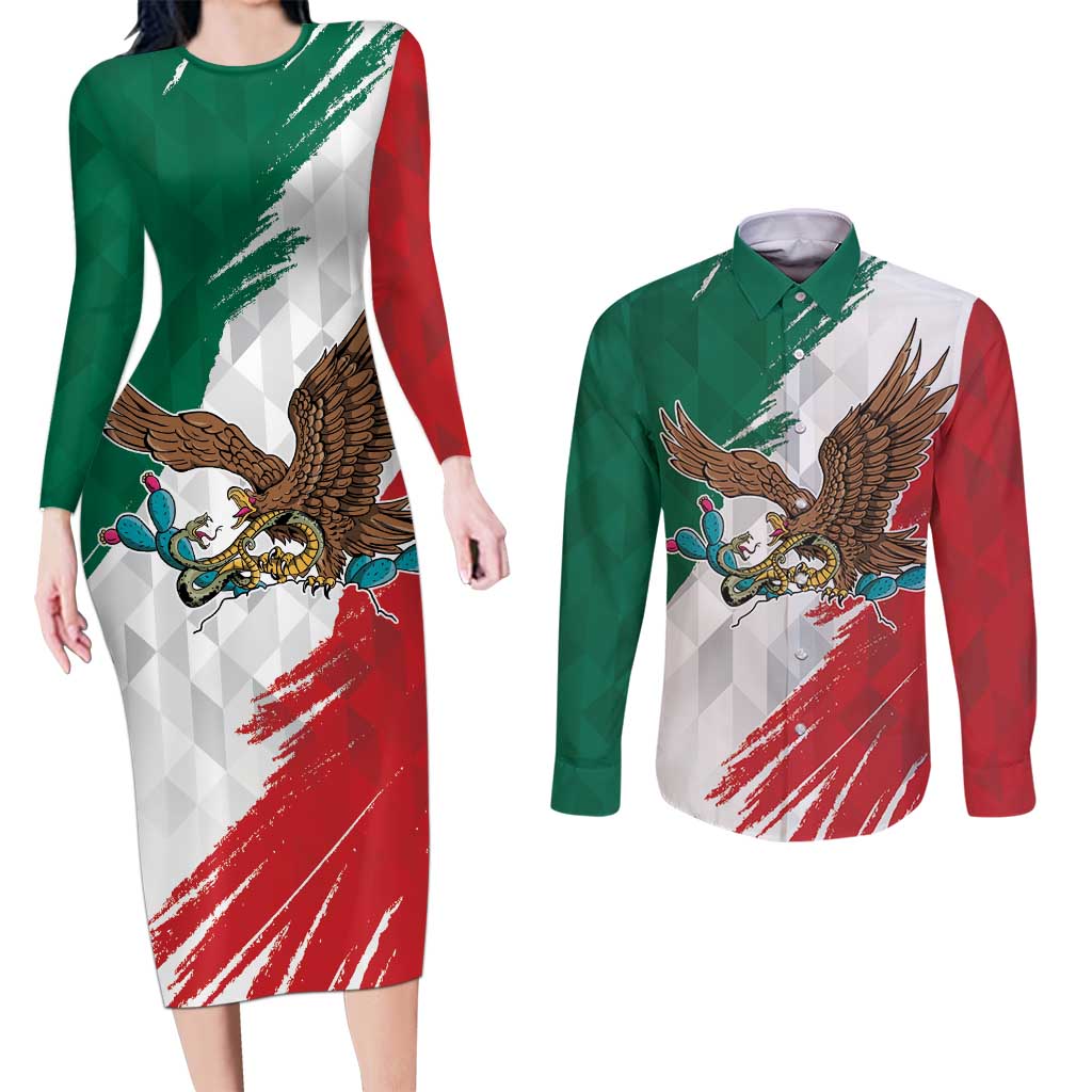 Eagle Devouring Snake Mexican Emblem Personalized Couples Matching Long Sleeve Bodycon Dress and Long Sleeve Button Shirt Grunge Flag Style