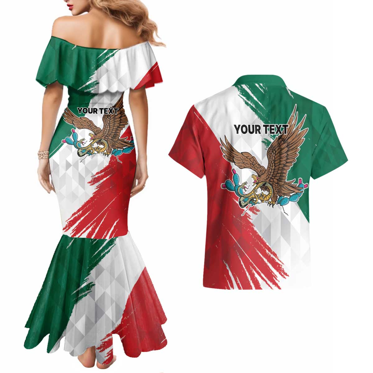 Eagle Devouring Snake Mexican Emblem Personalized Couples Matching Mermaid Dress and Hawaiian Shirt Grunge Flag Style