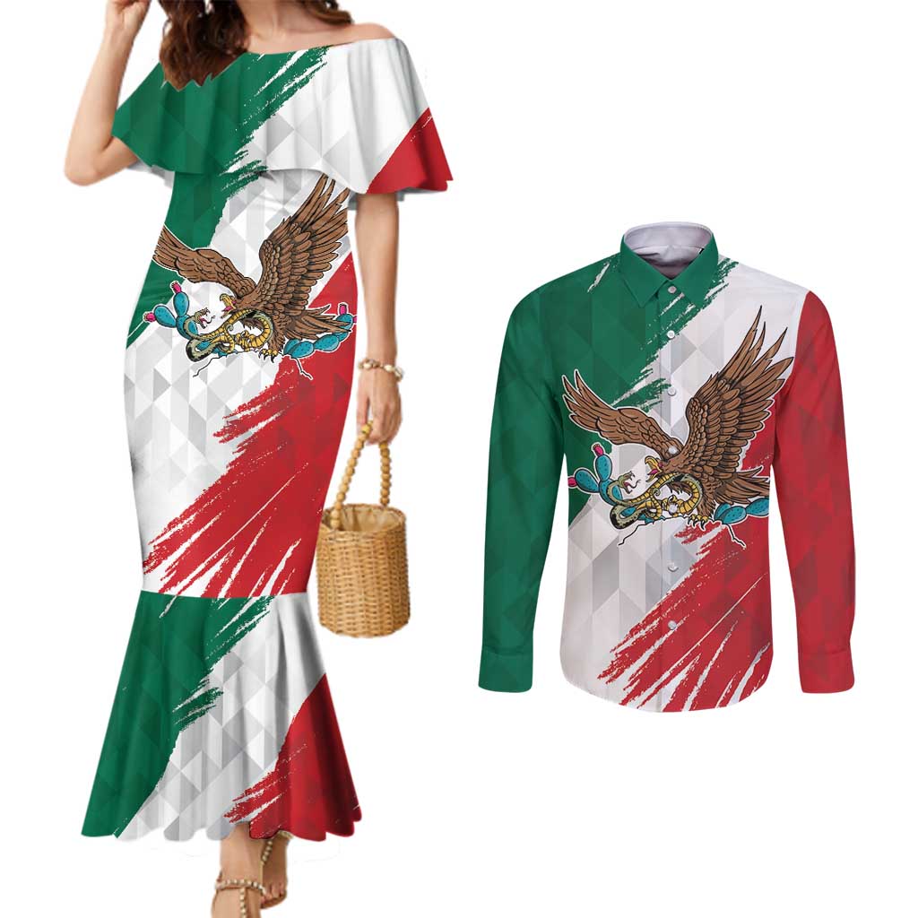 Eagle Devouring Snake Mexican Emblem Personalized Couples Matching Mermaid Dress and Long Sleeve Button Shirt Grunge Flag Style