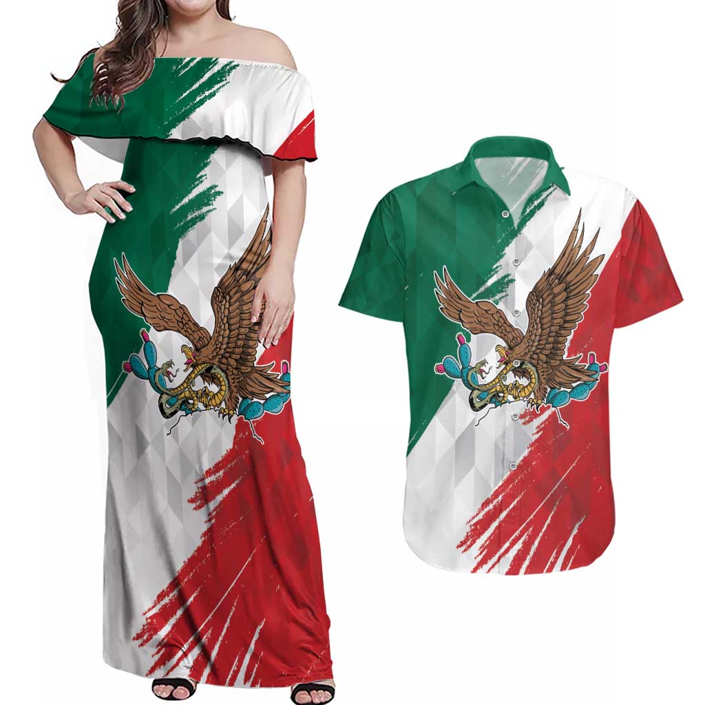 Eagle Devouring Snake Mexican Emblem Personalized Couples Matching Off Shoulder Maxi Dress and Hawaiian Shirt Grunge Flag Style
