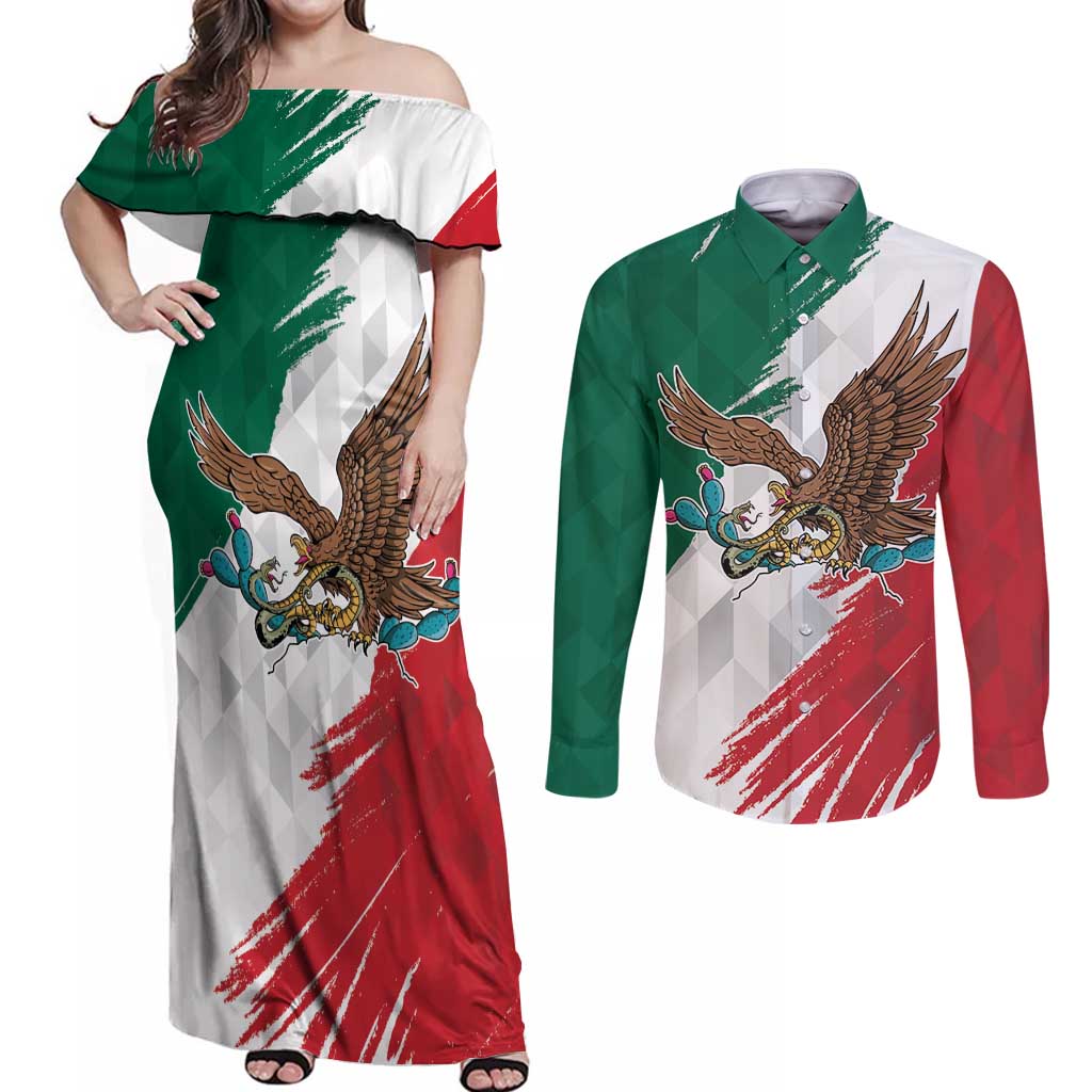 Eagle Devouring Snake Mexican Emblem Personalized Couples Matching Off Shoulder Maxi Dress and Long Sleeve Button Shirt Grunge Flag Style