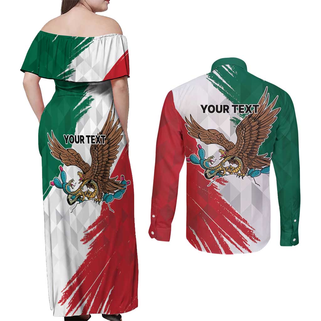Eagle Devouring Snake Mexican Emblem Personalized Couples Matching Off Shoulder Maxi Dress and Long Sleeve Button Shirt Grunge Flag Style