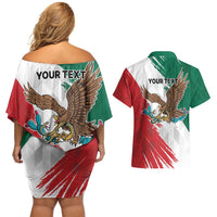 Eagle Devouring Snake Mexican Emblem Personalized Couples Matching Off Shoulder Short Dress and Hawaiian Shirt Grunge Flag Style