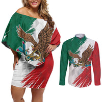 Eagle Devouring Snake Mexican Emblem Personalized Couples Matching Off Shoulder Short Dress and Long Sleeve Button Shirt Grunge Flag Style