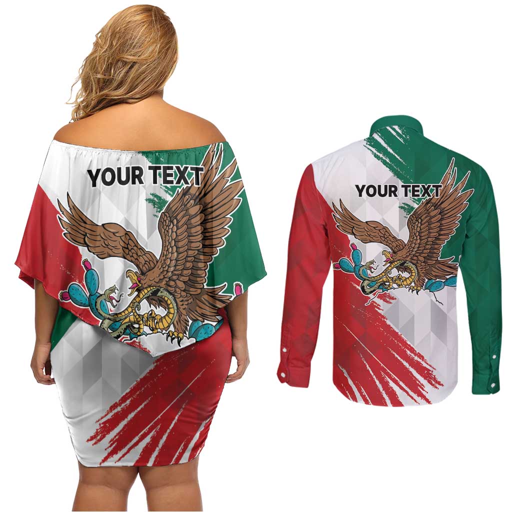 Eagle Devouring Snake Mexican Emblem Personalized Couples Matching Off Shoulder Short Dress and Long Sleeve Button Shirt Grunge Flag Style