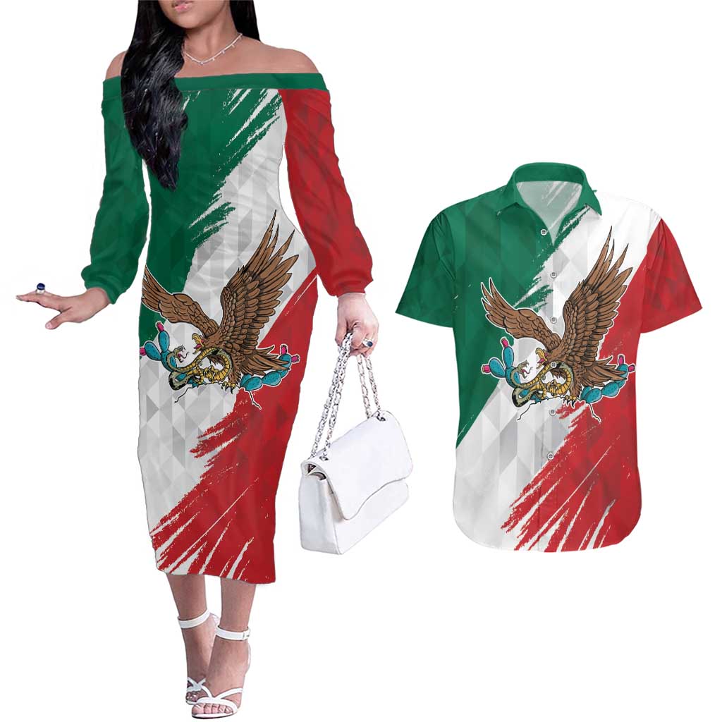 Eagle Devouring Snake Mexican Emblem Personalized Couples Matching Off The Shoulder Long Sleeve Dress and Hawaiian Shirt Grunge Flag Style