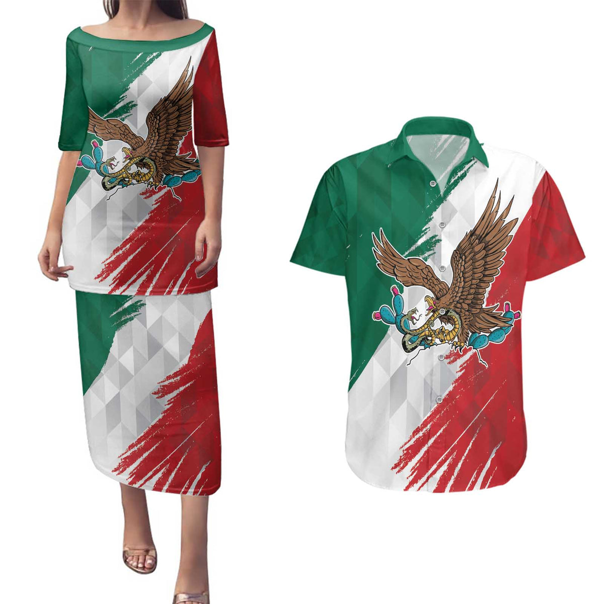 Eagle Devouring Snake Mexican Emblem Personalized Couples Matching Puletasi and Hawaiian Shirt Grunge Flag Style