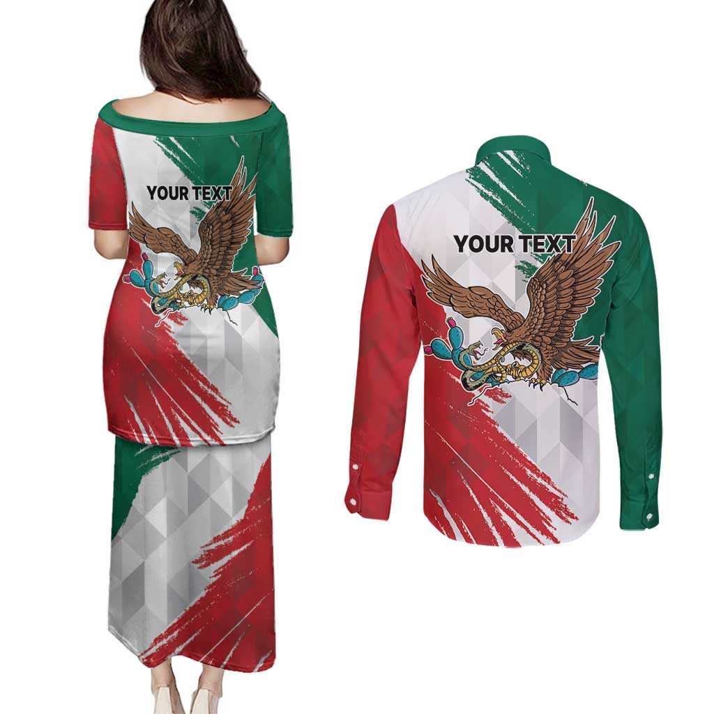 Eagle Devouring Snake Mexican Emblem Personalized Couples Matching Puletasi and Long Sleeve Button Shirt Grunge Flag Style