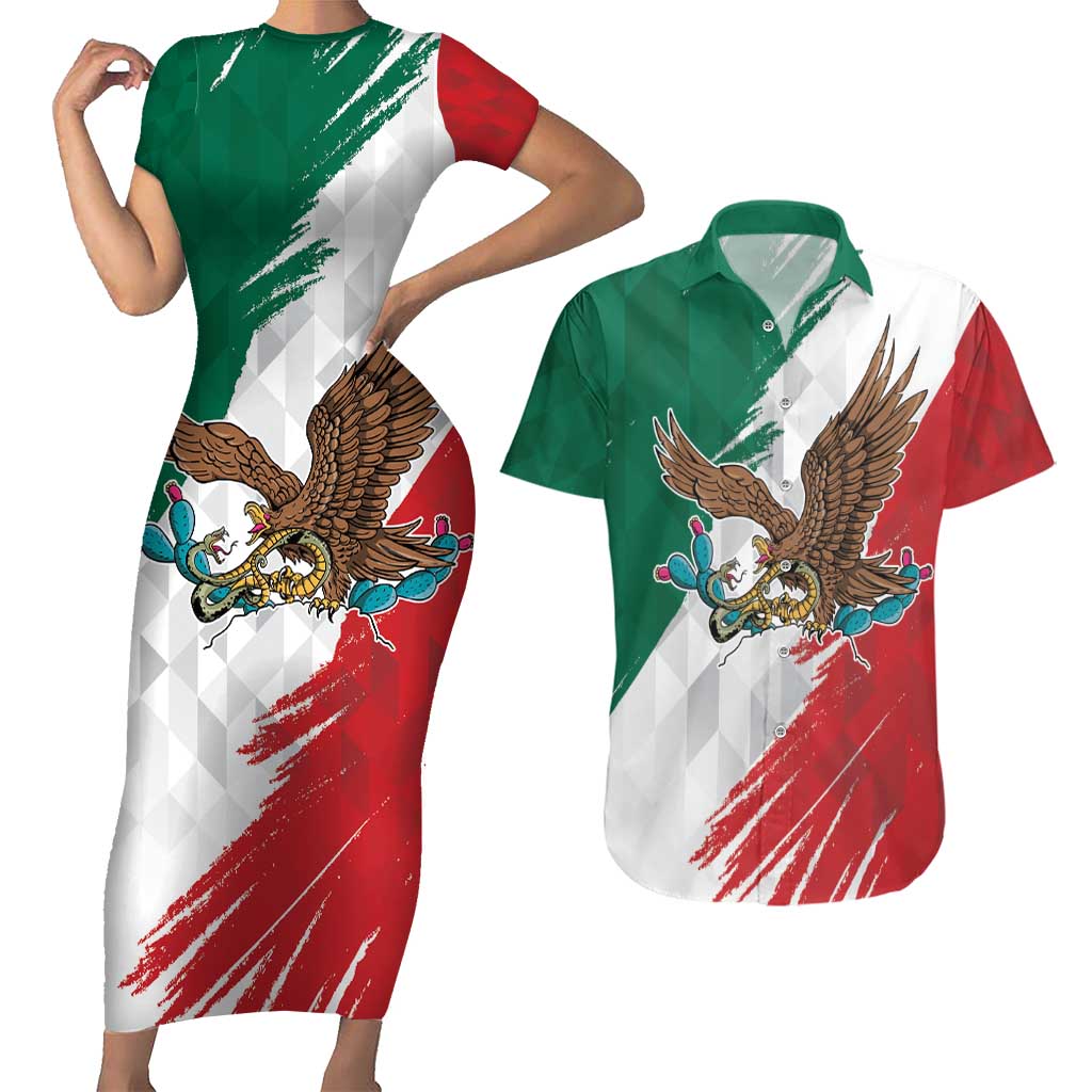 Eagle Devouring Snake Mexican Emblem Personalized Couples Matching Short Sleeve Bodycon Dress and Hawaiian Shirt Grunge Flag Style