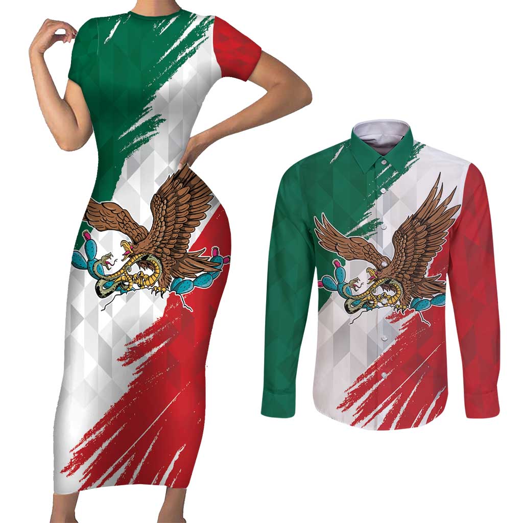 Eagle Devouring Snake Mexican Emblem Personalized Couples Matching Short Sleeve Bodycon Dress and Long Sleeve Button Shirt Grunge Flag Style