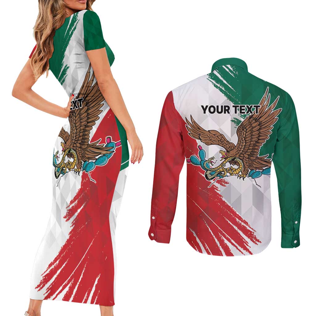 Eagle Devouring Snake Mexican Emblem Personalized Couples Matching Short Sleeve Bodycon Dress and Long Sleeve Button Shirt Grunge Flag Style