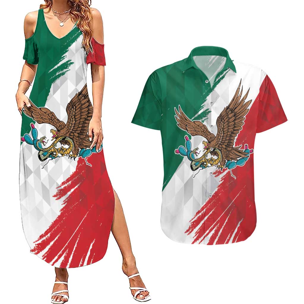 Eagle Devouring Snake Mexican Emblem Personalized Couples Matching Summer Maxi Dress and Hawaiian Shirt Grunge Flag Style