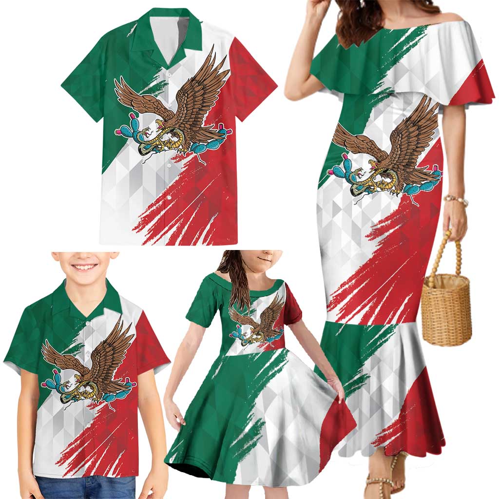Eagle Devouring Snake Mexican Emblem Personalized Family Matching Mermaid Dress and Hawaiian Shirt Grunge Flag Style