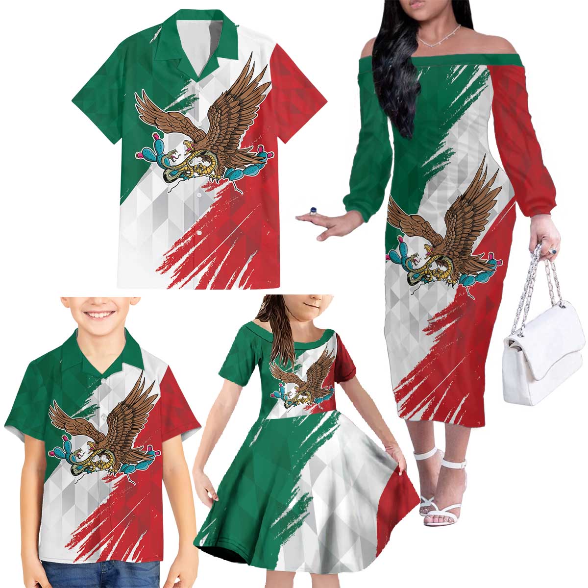 Eagle Devouring Snake Mexican Emblem Personalized Family Matching Off The Shoulder Long Sleeve Dress and Hawaiian Shirt Grunge Flag Style