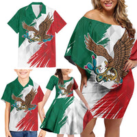 Eagle Devouring Snake Mexican Emblem Personalized Family Matching Off Shoulder Short Dress and Hawaiian Shirt Grunge Flag Style