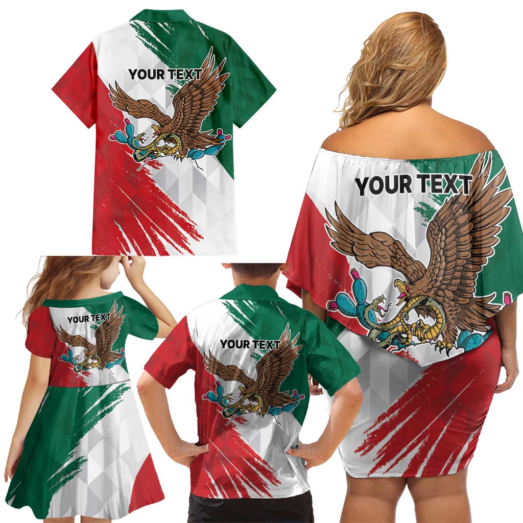Eagle Devouring Snake Mexican Emblem Personalized Family Matching Off Shoulder Short Dress and Hawaiian Shirt Grunge Flag Style