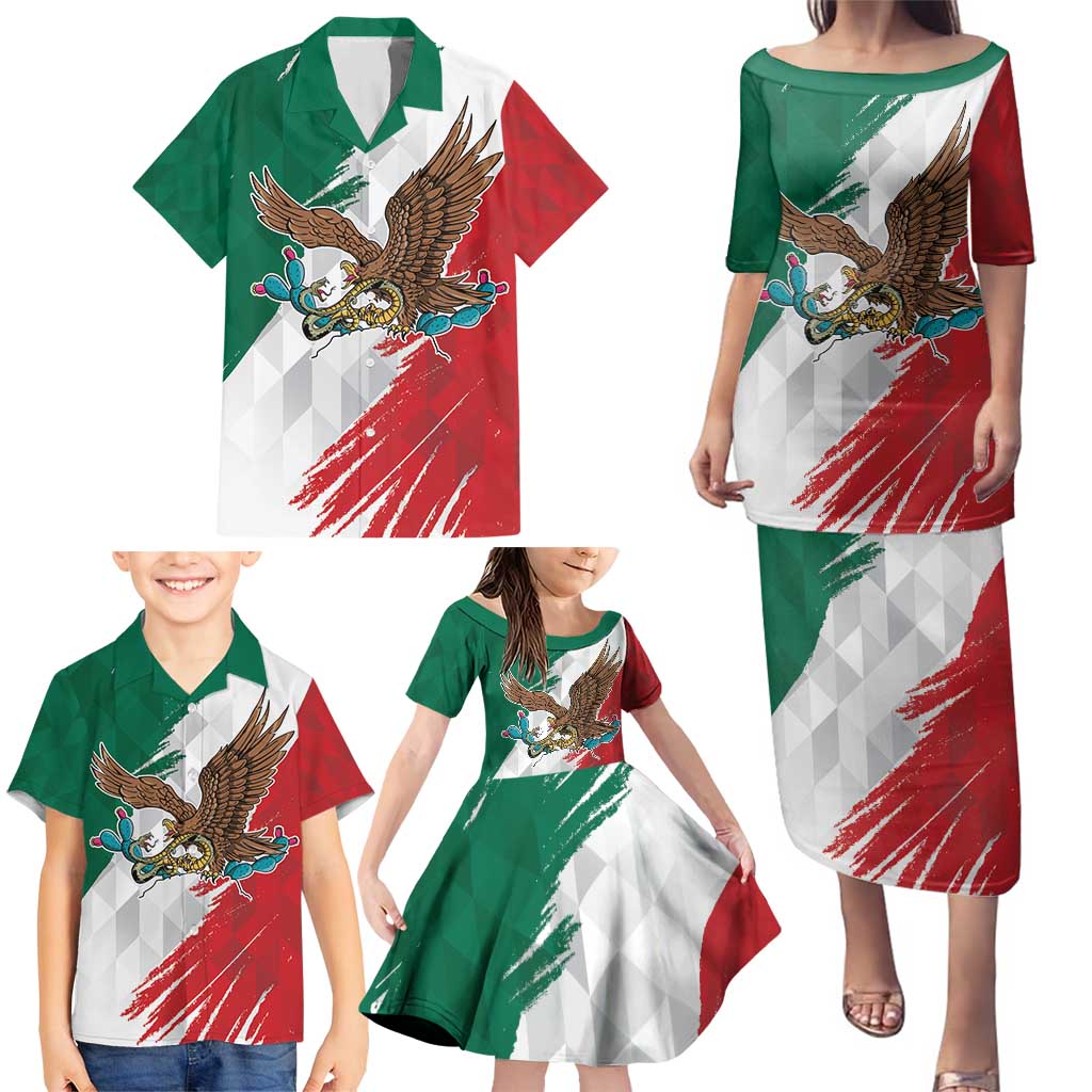 Eagle Devouring Snake Mexican Emblem Personalized Family Matching Puletasi and Hawaiian Shirt Grunge Flag Style