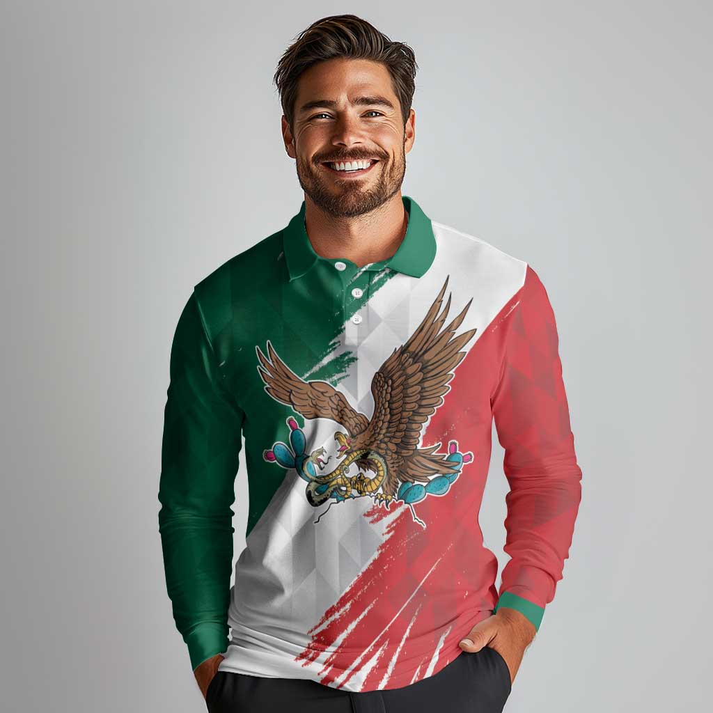 Eagle Devouring Snake Mexican Emblem Personalized Long Sleeve Polo Shirt Grunge Flag Style