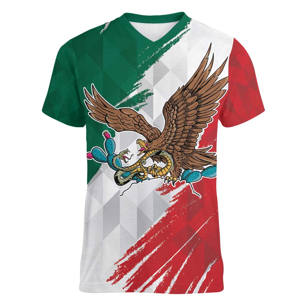 Eagle Devouring Snake Mexican Emblem Personalized Women V-Neck T-Shirt Grunge Flag Style