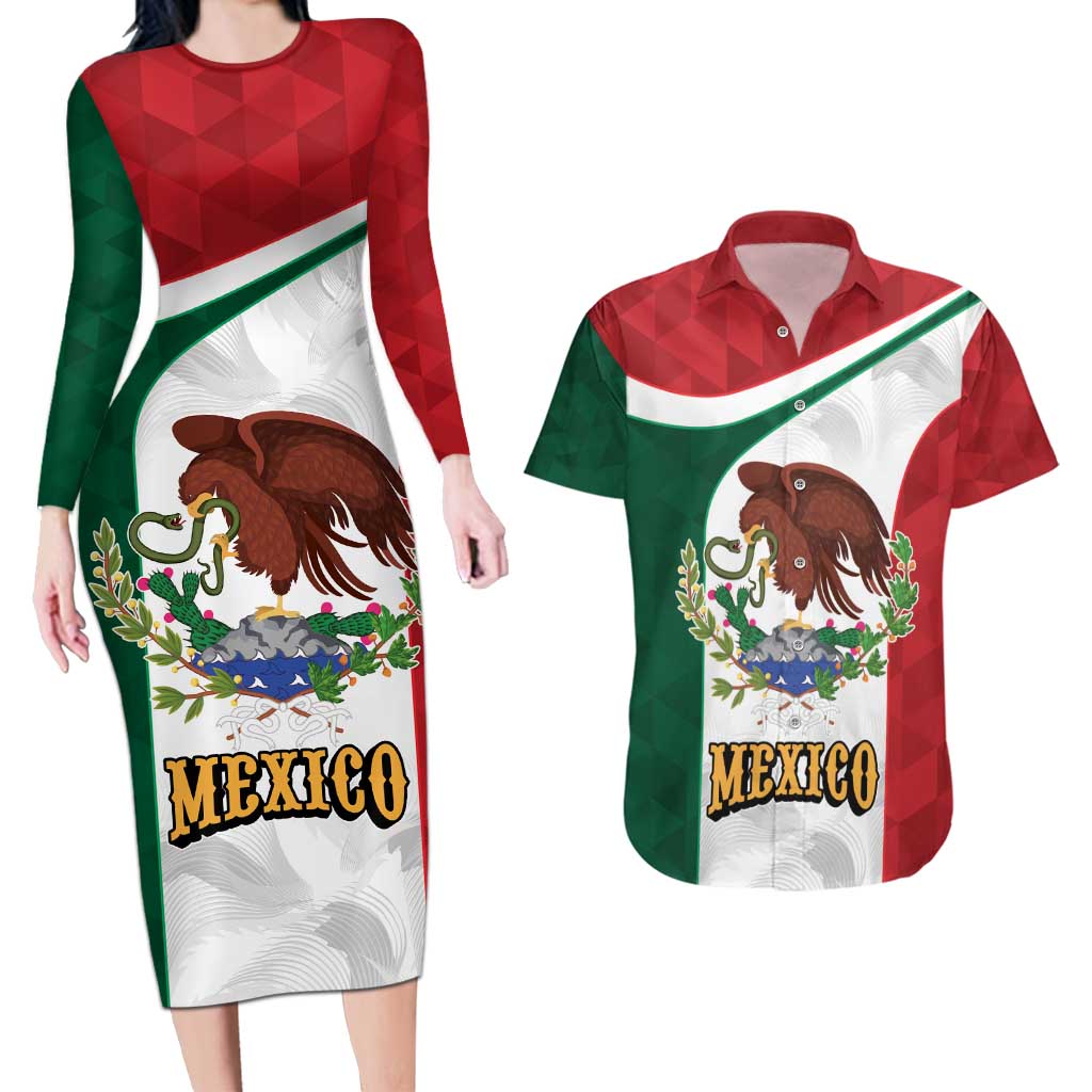 Eagle Devouring Snake Mexican Emblem Personalized Couples Matching Long Sleeve Bodycon Dress and Hawaiian Shirt Sporty Style