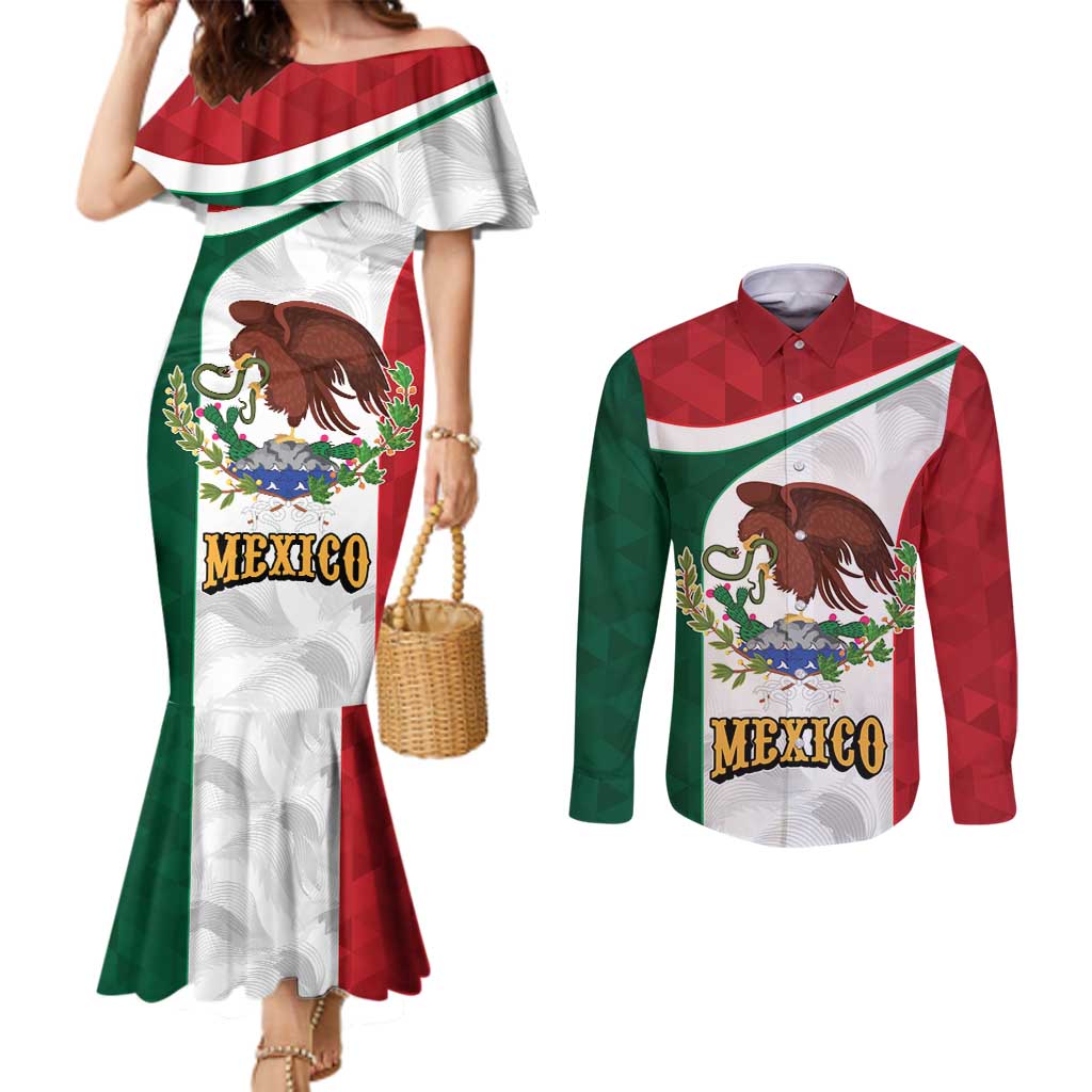 Eagle Devouring Snake Mexican Emblem Personalized Couples Matching Mermaid Dress and Long Sleeve Button Shirt Sporty Style