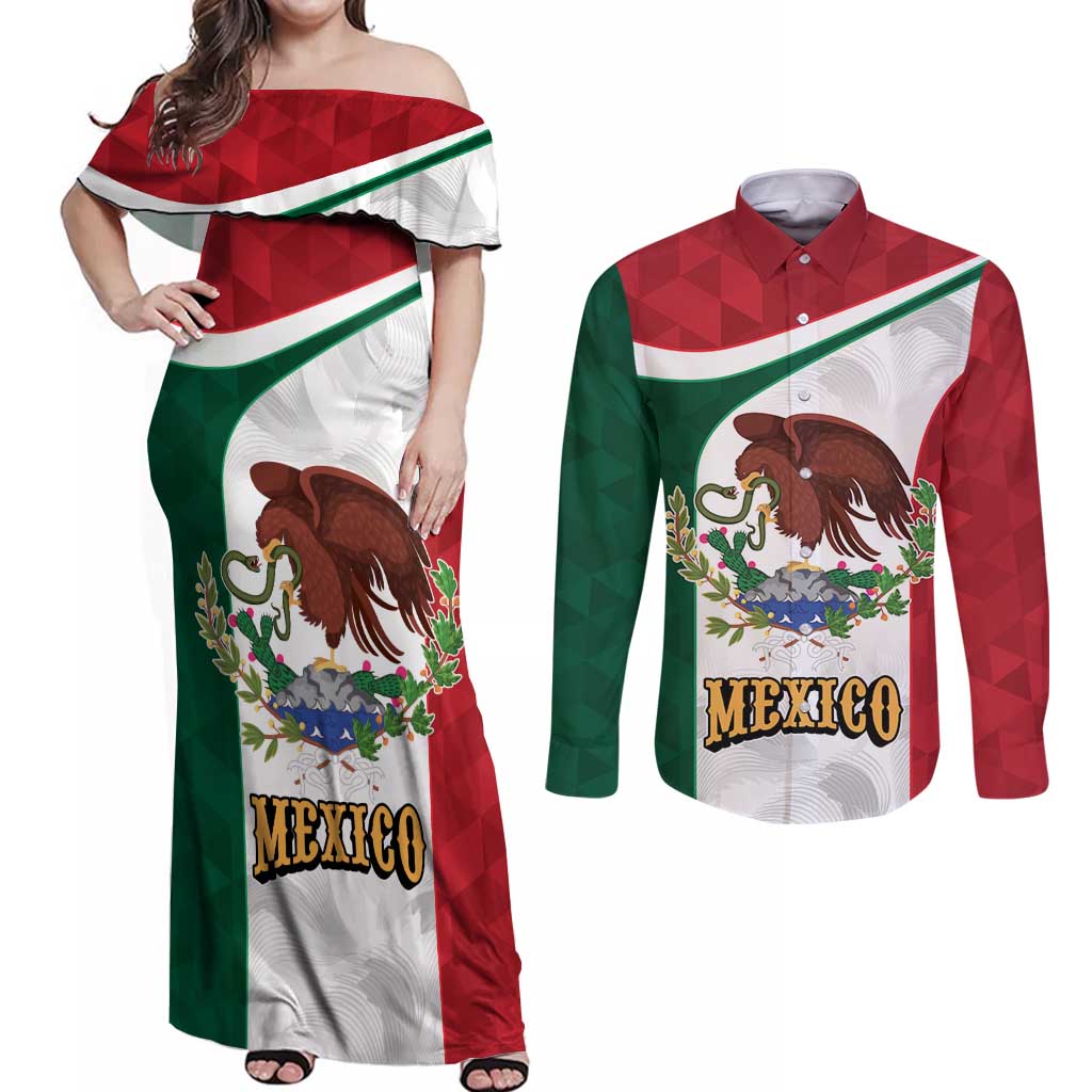 Eagle Devouring Snake Mexican Emblem Personalized Couples Matching Off Shoulder Maxi Dress and Long Sleeve Button Shirt Sporty Style