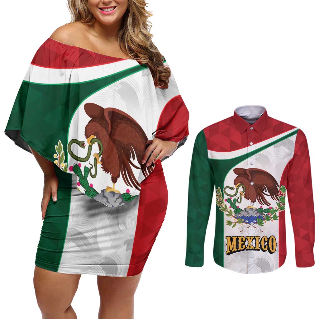 Eagle Devouring Snake Mexican Emblem Personalized Couples Matching Off Shoulder Short Dress and Long Sleeve Button Shirt Sporty Style