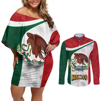 Eagle Devouring Snake Mexican Emblem Personalized Couples Matching Off Shoulder Short Dress and Long Sleeve Button Shirt Sporty Style